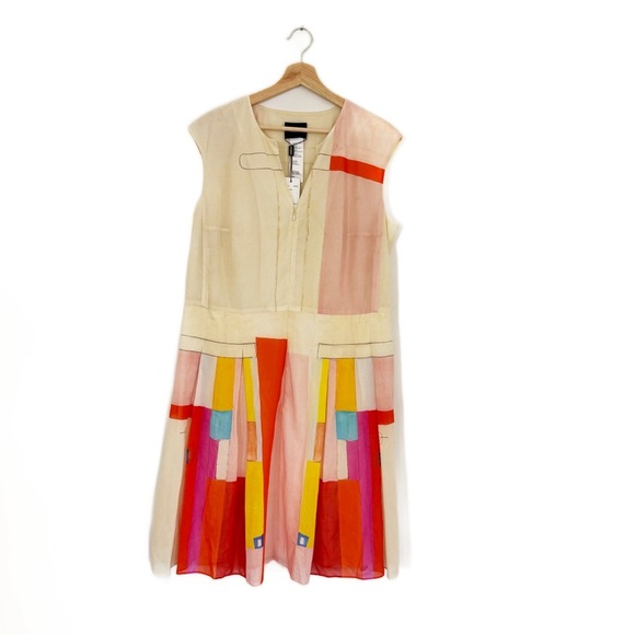 Akris Punto Dress Womens Sz 14 Mural Print Cotton Silk Pleated Shirt Dress $2390 - Picture 2 of 9